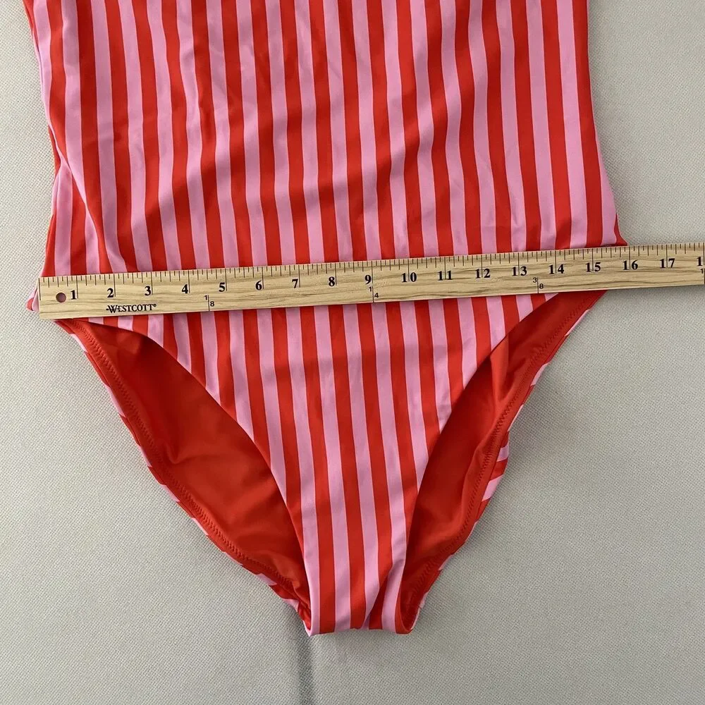 J.Crew One Piece Swimsuit Striped Pink Orange Square Neck Size 16 Reversible